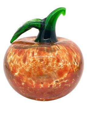 Vintage Murano Style Hand Blown Art Glass Red Orange Apple Green Stem 3" H